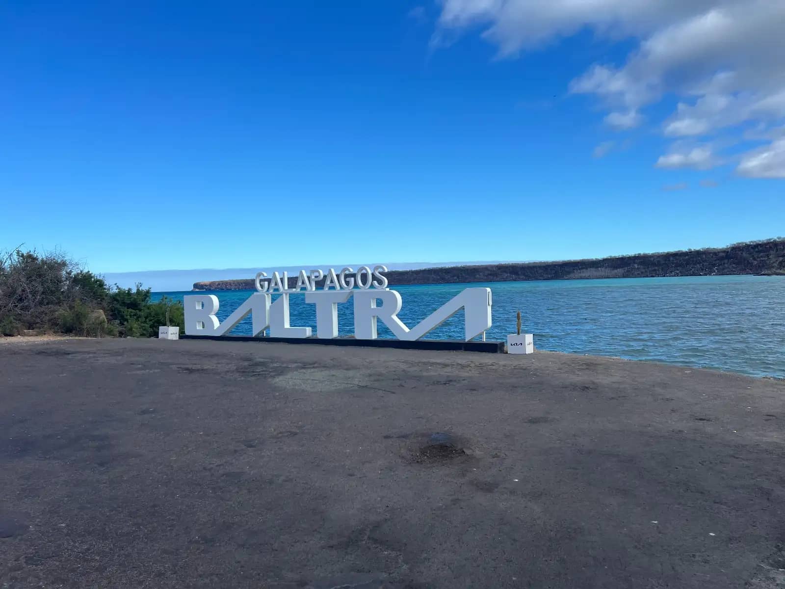 Galapagos Baltra welcome sign at ferry terminal on Baltra Island before taking boat to Santa Cruz Island Ecuador