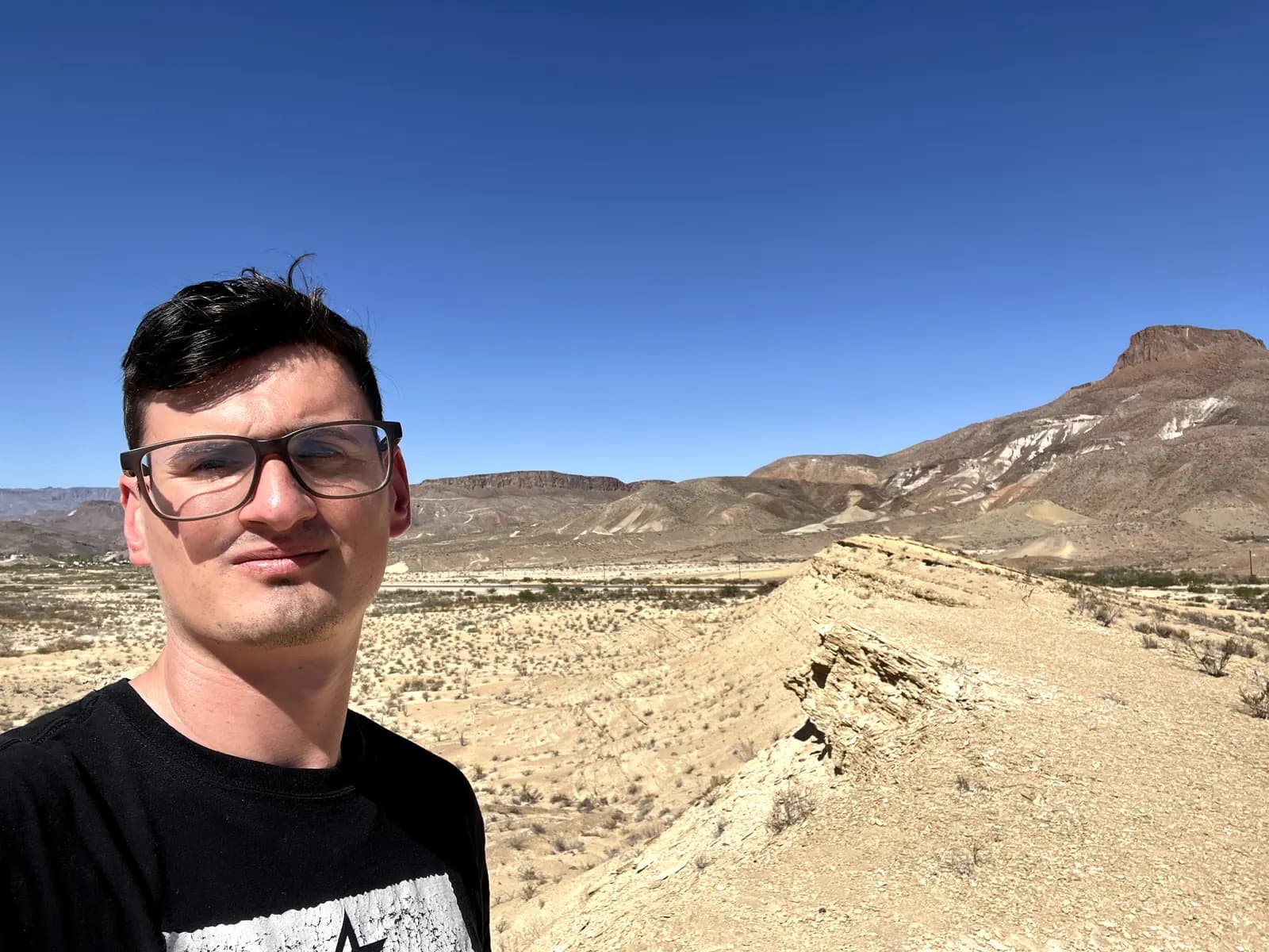 A selfie of a man wearing glasses and a black t-shirt in front of the desert landscape and mountains at the Barton Warnock Visitor Center overlook.