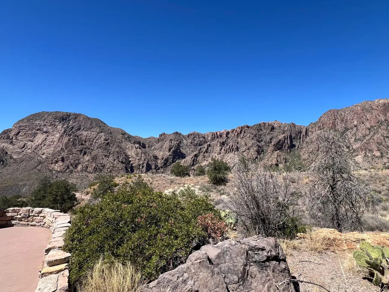 jagged, dark volcanic mountains under a clear blue sky in Big Bend.