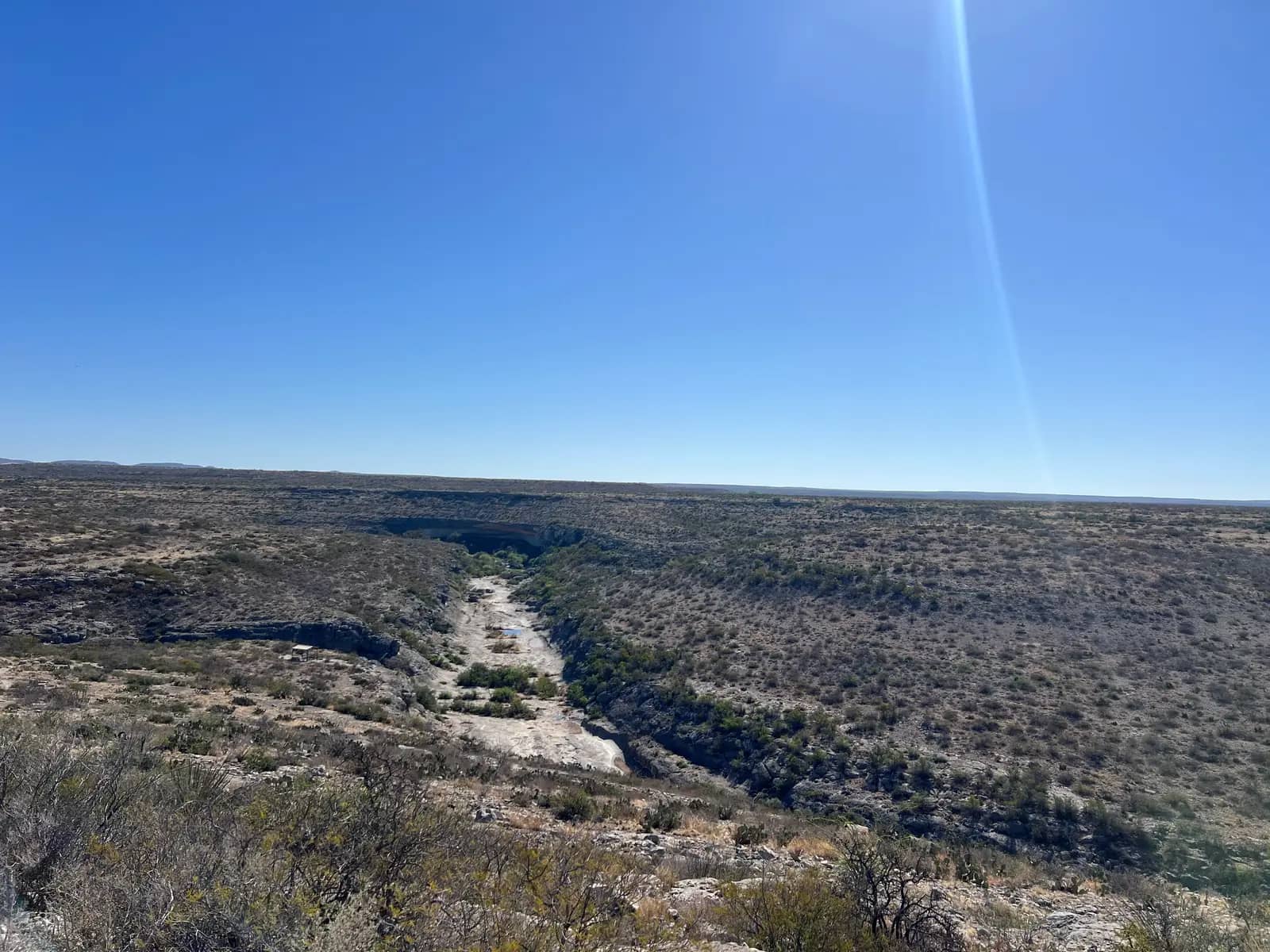 Looking down into a steep, rugged desert canyon with large boulders, diverse green brush, and clear sky.