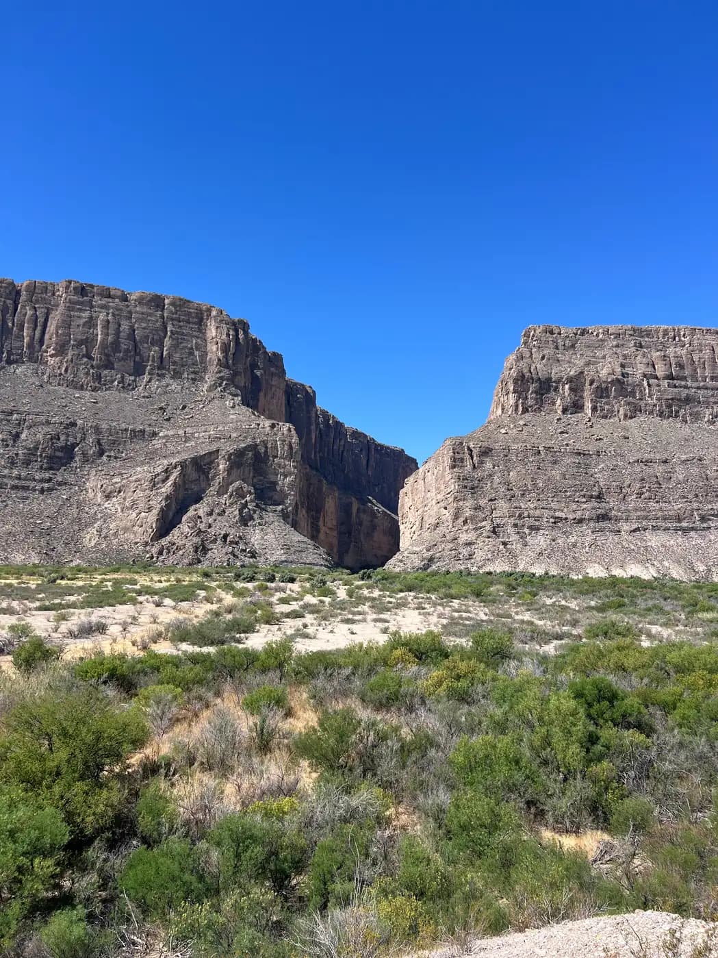 A wide landscape shot of the tall, sheer rock walls of Santa Elena Canyon in Big Bend National Park under a clear blue sky.