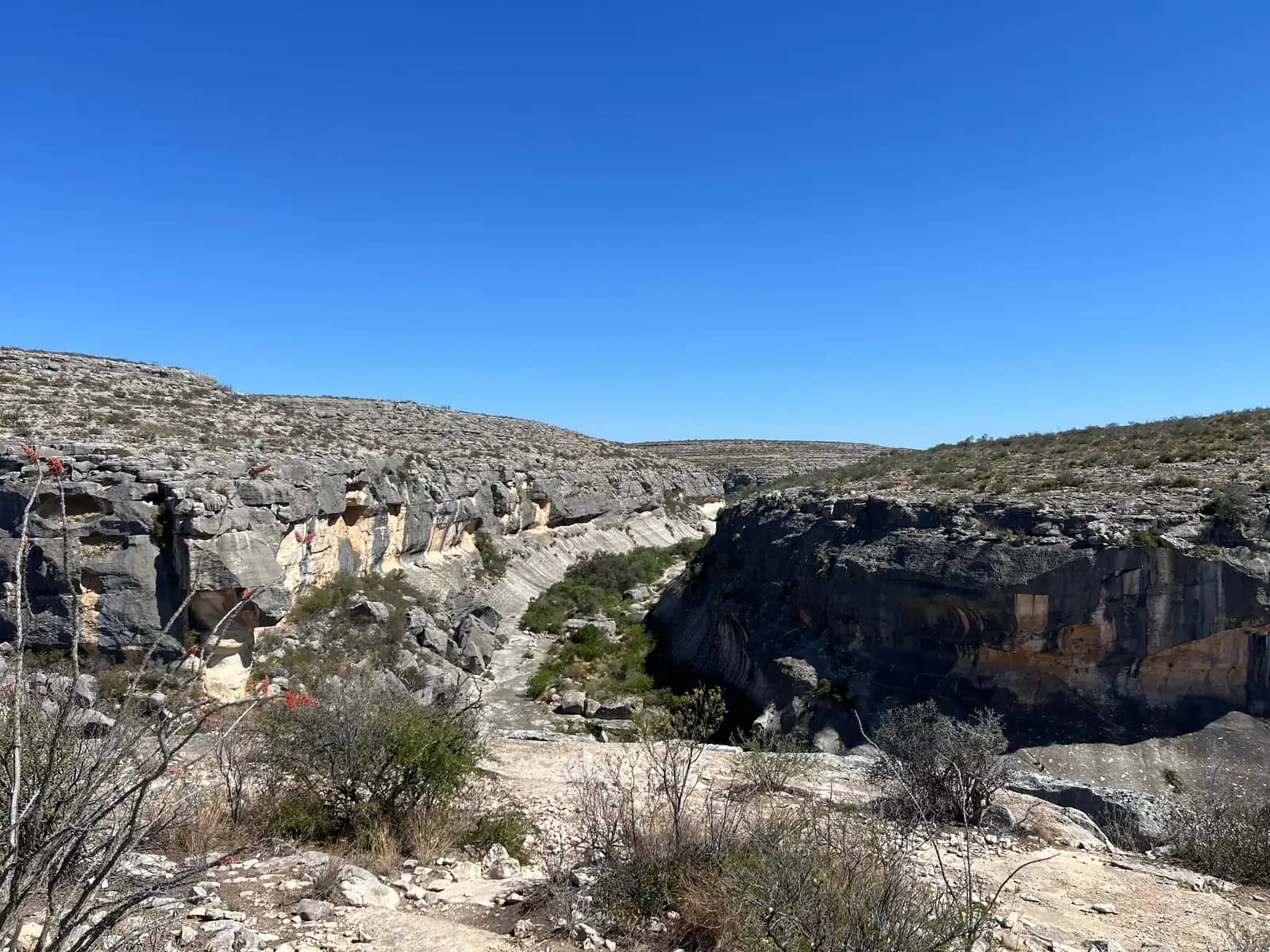 An angled, rugged limestone cliff face with a large overhang, showing green trees and brush at the canyon bottom.